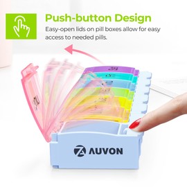AUVON Weekly Pill Organizer Arthritis Friendly, BPA Free Travel 7 Day Pill Box Case with Spring Open Design and Large Compartment to Hold Vitamins, Cod Liver Oil, Supplements and Medication
