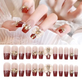 HAPVITAL 24-Piece Set, Nail Tips, Press-On, Popular, 3D, Handmade Japanese Style, Bride's Nails, Glossy, Wedding, Cute, 3D Dimension, Easy to Stick, Reusable, Artificial Nails, Popular Design, Gel