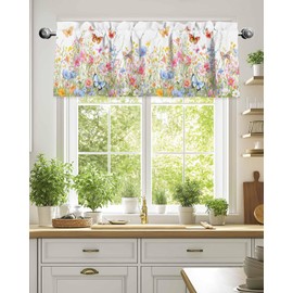Spring Floral Valances for Windows, Colorful Butterfly Flowers Rod Pocket Kitchen Window Curtain Valance, Garden Plants Window Treatment Valance Curtains for Kitchen Living Room Bathroom, 54"x18"