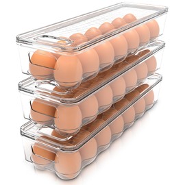 Utopia Home Egg Container With Lid and Handle for Refrigerator - Pack of 3 - Clear Stackable Egg Holder for Kitchen Storage and organization