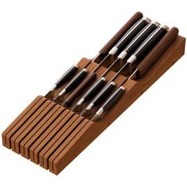 Knife Drawer Organizer, Bamboo Wood Knife Organizer Drawer Insert, Brown Knife Block Fit for 11 Knives