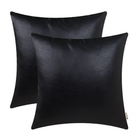 BRAWARM Faux Leather Throw Pillow Covers 16 X 16 Inches - Black Leather Pilow Covers Pack of 2, Solid Dyed Leather Pillowcases for Couch Bed Sofa Garden Home Decorative