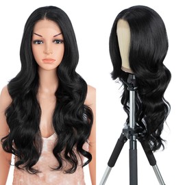 Style Icon Lace Front Wig Human Hair Quality Long Wavy Curly Synthetic Hair Wigs for Women 26 inches Heat Resistant Fiber 150% Density (Middle Part 26 Inch, 1B)