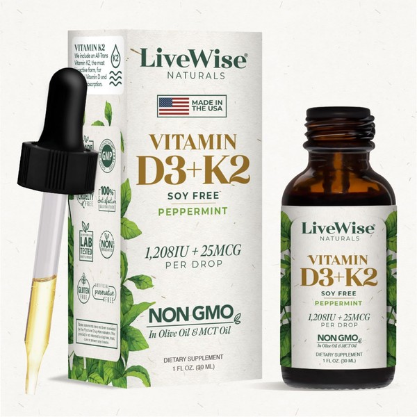 LiveWise Naturals Vitamin D3 with K2 Liquid Drops, All Natural,