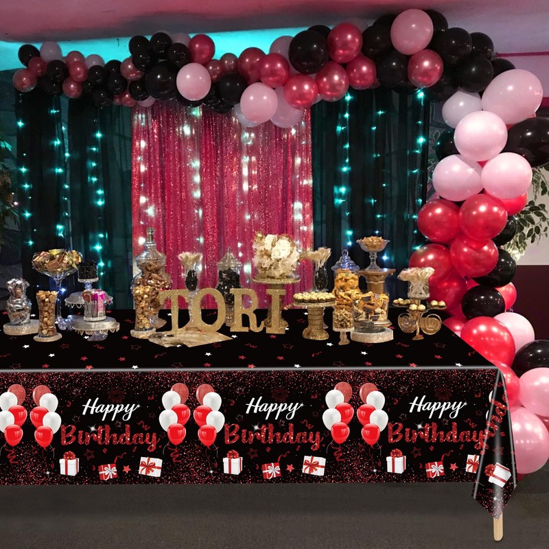 QUERICKY Plastic 4 Pack Black-Red Birthday Tablecloth, 51x87'' Rectangular Waterproof