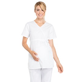 Cherokee Women's Maternity Scrub Top with 3 Pockets Mock Wrap WW685, S, White