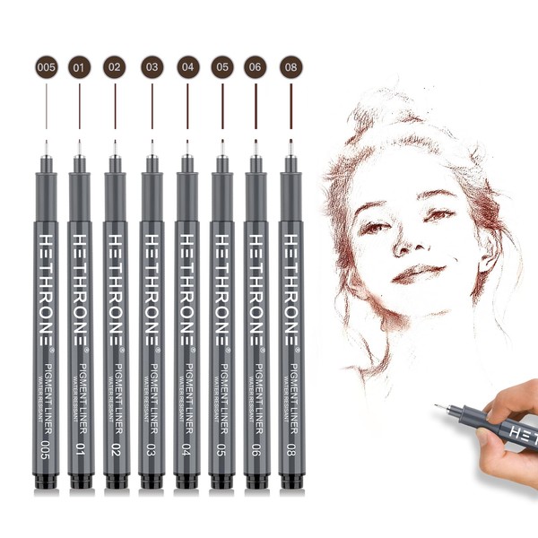 Hethrone Micro Pens set, 8 Size Sepia Drawing Pens, Waterproof Ink Pens for Artists Sketching, Writing