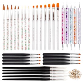 Treki 33 Pcs Nail Art Brushes Tools Set Professional Nail Art Design Brushes Double Ended Dotting Nail Pen for Nailing Designing, Painting, Detailing + 1Pack Mini Diamonds