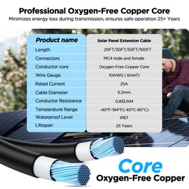 2 Pack 20 Ft MC4 Wire Solar Panel Extension Cable, 10 AWG/6mm² Oxygen-Free Pure Copper Cable Core Cables, Compatible with Renogy/Jackery/SunPower/Goal Zero/EcoFlow/Harbor Freight Solar Systems