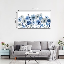 VEAEE Flowers Canvas Wall Art - Indigo Floral Canvas Pictures Living Room Wall Decor Botanical Canvas Prints Painting Abstract Artwork Bedroom Office Home Decor 24"x 48"