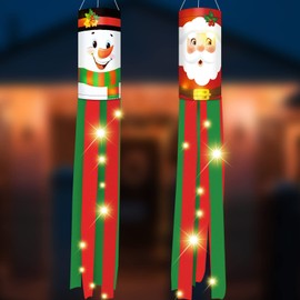 2 Pieces Christmas Windsock Flags with LED Lights Winter Hanging Wind Sock Outdoor Hanging Christmas Decorations for Yard Garden Lawn Patio Xmas Holiday Party Supplies(Snowman Santa Claus)