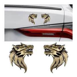 SHMZK 2 PCS 3D Wolf Head Metal Emblem, Car Side Fender Rear Wolf Head Emblem Badge Self Adhesive Stickers, Pair Metal Badge Decal for Car Motorcycles Truck SUV, Car Accessories (Bronze)