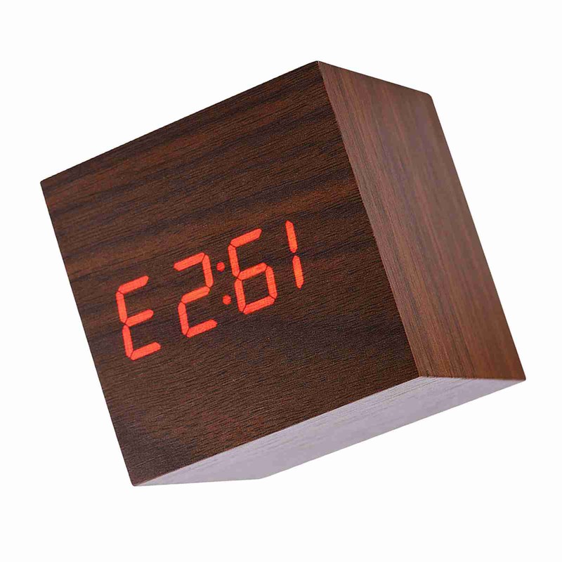 6x6x6cm Wooden Electronic Digital Alarm Desk Clock Temperature LED Display