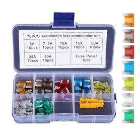 LeTradeJP Low Profile Fuses, Car Blade Fuses, Small Fuses, 70 Pieces (5A, 7.5A, 10A, 15A, 20A, 25A, 30A), Car Blade Fuses, For Cars, Trucks, Motorcycles, Electrical Necessities, Fuse Removal Tool