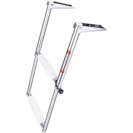 YOUNG MARINE 2 Steps Stainless Steel Drop Down Telescopic and Folding Boat Ladder with White Plastic Footboard,Over Platform Mounting