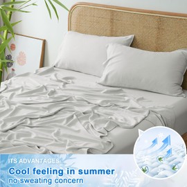 PHF Cooling Sheets Set King Size,4 PCS 85% Viscose from Bamboo and 15% Linen Breathable & Soft Bed Sheets,Deep Pocket Up to 16" Bedding Sheets,Silver