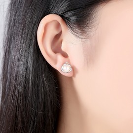 "Lovely Rose" High Polished 925 Sterling Silver Earrings with 7mm Natural Freshwater Pearl, silver plated base gold plated base, Pearl