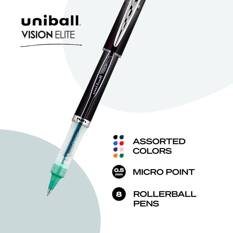 Uniball Vision Elite Rollerball Pens; Assorted Pens Pack of 8;