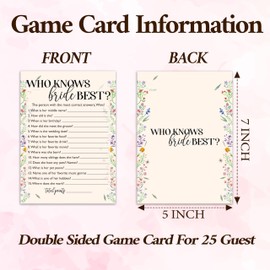 Wildflowers Bridal Shower Game Cards, Who Knows Bride Best Game Cards for Wedding Shower Engagement Party Bachelorette Party Reception, Bridal Shower Decorations, Set of 25-06