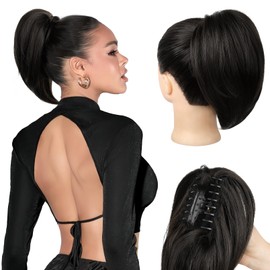NTYNTY Ponytail Extension, 10" Short Claw Clip in Ponytail Hair Extensions Messy Bun Hair Piece Natural Soft Synthetic Straight Pony Tail Hair Pieces for Women - Black Brown