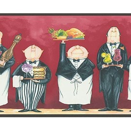 CONCORD WALLCOVERINGS ™ Wallpaper Kitchen Pattern Waitstaff with Dishes for Dining Area Restaurant Bistro Social Room, Black White Red Brown Green Yellow, 9.75 Inches by 15 Feet FK78453