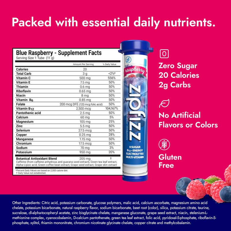 Zipfizz Daily Energy Drink Powder, Blue Raspberry, 20 Pack |