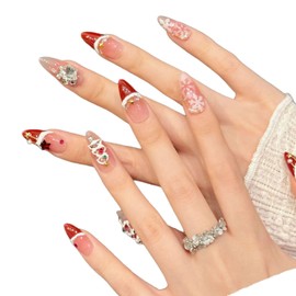 Christmas Style 10 Pcs Handmade Press on Nails | Almond Red and Pink with Snowflake, Santa Hat & Christmas Tree Designs | Skip Salon Trips, Easy to apply & Remove, Reusable(Christmas2595, M)
