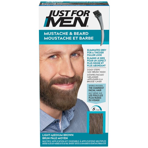 Just For Men M30 Medium Pale Brown Dye, Moustache and Beard Dye, Removes White Hair for Thicker Results, With Applicator Brush, Quick and Easy