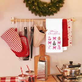 Jvpke Pink Christmas Kitchen Towels, Coquette Pink Bow Santa Christmas Hand Towels for Bathroom, Pink Christmas Towels for Kitchen Bathroom, Pink Bow Christmas Kitchen Bathroom Decor, 16x24 Inch