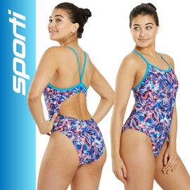 Sporti Sonic Bloom Thin Strap Athletic One Piece Swimsuits - Women's Comfortable and Durable Swimwear for Lap Swimming - Red/White/Blue - 34