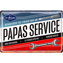 LANOLU Retro Blechschild PAPAS SERVICE - Schild Werkstatt Papa - Geburtstagsgeschenk, Vatertagsgeschenk Schild für Vater, lustige retro Deko mit Spruch - vintage Metallschild, 20x30 cm