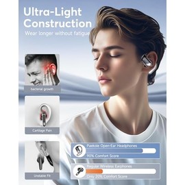 Auriculares ultra abiertos, conducción ósea sobre la oreja con gancho ergonómico para la oreja, auriculares Bluetooth 6.1 con pantalla digital, tiempo