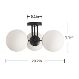 Pirxxiy Soft Black 3 Lights Semi Flush Mount Ceiling Light Fixture, Frosted Glass Shade Vintage Close to Ceiling Light Fixture, Modern Flush Mount Light for Bedroom, Living Room Chandelier Lighting