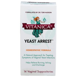 Vitanica Yeast Arrest, Homeopathic Vaginal Suppositories, for Yeast Infection Symptoms, Relieves Burning, Itching & Discharge, with Boric Acid, Tea Tree Oil & Probiotics, Vegan (Yeast Arrest, 14)