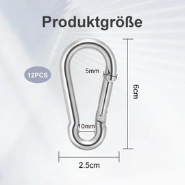SKENGWEL Pack of 12 Carabiner Hooks, Key Ring Carabiner Hooks, Diameter 6 x 60 mm, Maximum Load 180 kg, Climbing Hooks, Galvanised for Backpack, Dog Lead, Camping, Travel, Hiking (Silver)