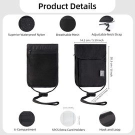 RFID Blocking Neck Pouch, Waterproof Travel Documents Chest Bag, RFID Protection Chest Bag, Men's Passport Travel Wallet with Adjustable Neck Strap, 5 Card Holders for Cash Keys, black, Passport