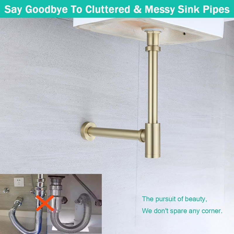 SEABEFORE Brass Round Bottle P-Trap with Pop Up Drain Stopper