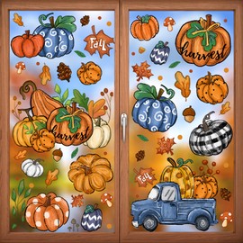 DIYDEC 6 Sheets Fall Window Clings Double-Sided Window Stickers with Orange Maple Leaves Pumpkins Blue Truck Thanksgiving Window Decals for Autumn Home Holiday Party Store Glass Decoration