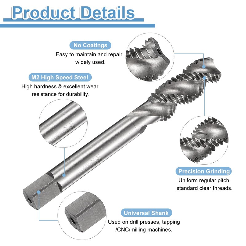 sourcing map Spiral Flute Thread Taps M12 x 1.75 H2