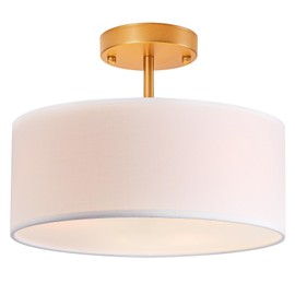Bargeni Semi Flush Mount Ceiling Light,13 inch Drum Ceiling Light Fixture,Gold Flush Mount Light Fixture with White Fabric Shade, 3-Light Modern Ceiling Light for Bedroom,Living Room and Kitchen