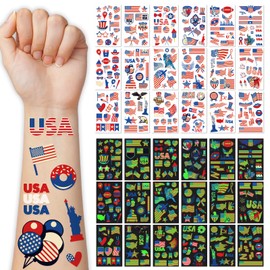 Glow Independence Day Temporary Tattoo, 4th of July Face Sleeve Tattoo, Luminous 36 Sheets American Flag Fake Tattoos, Red White and Blue Party Supplies, Memorial Day, Labor Day Patriotic Tattoos