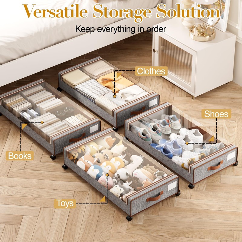 Yecaye Under Bed Storage with Wheels, 4 Pack Under Bed