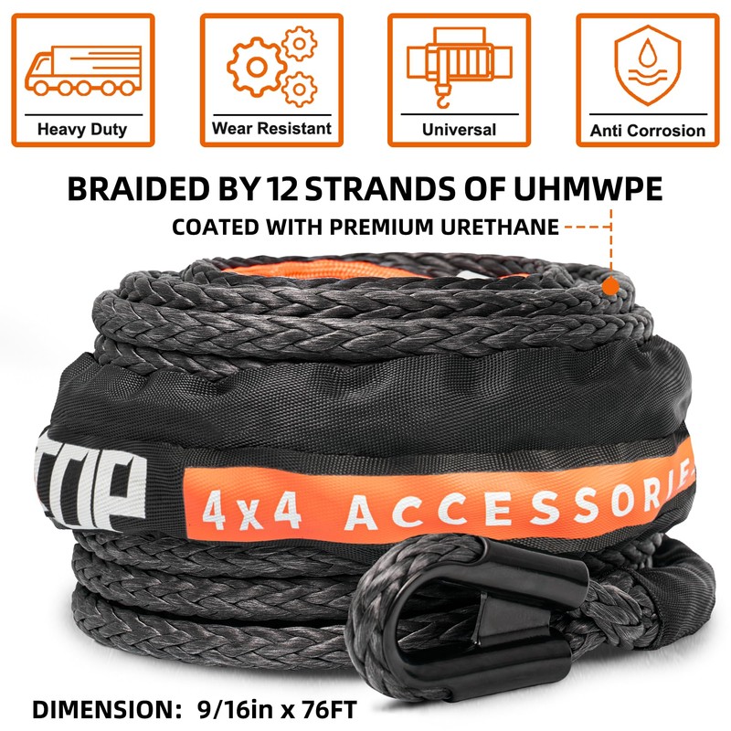 ALL-TOP Synthetic Winch Rope Cable, 9/16" x76ft,35000LBS Winch Replace Line