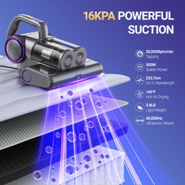 FEPPO Mattress Vacuum Cleaner, 16Kpa Bed Vacuum Cleaner with 253.7nm UV-C Light, 140°F Heat, HEPA Filter & Ultrasonic, Versatile Handheld Vacuums for Bed, Sofa, Couch, Crib(Corded, 500W)