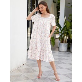 CRIPOM Moo Moos for Women Long Nightgown House Dress with Pockets Floral Print Mumu Dress House Dresses for Women with Pockets (White Flower,L)