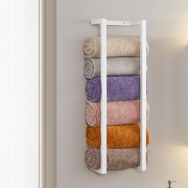 Towel Rack for Rolled Towels, Towel Rack for Bathroom,Wall Mounted Metal Bathroom Organizer, Bath Towel Holder Wall for Modern Small Space Bathroom Towel Storage (White)