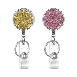 Boutilon Retractable Badge Holder, Retractable Badge Reels,Lightweight Plastic Badge Reel Card Holder with Key Ring Backing Belt Clip for Nurse,Volunteer,Teacher,Student(2 Pack Golden Pink)