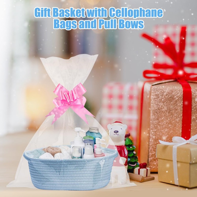 Hojalis Gift Basket, Woven Rope Basket with Cellophane Bags &