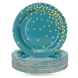 CENLBJ Blue Green Gold Paper Plates,100 Pack Blue Green and Gold Dots Party Paper Plates,Disposable Party Supplies Dessert Paper Plates for Father's Day,Independence Day,Birthday,Picnics(7Inch)