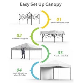10x10 Pop Up Canopy with One Sidewalls - Easy Up Camping Tent with One Button Push Setup - 1 Roller Bag, 3 Adjustable Height, 4 Weight Bags for Deck, Garden, Sports, Beach, Party - White